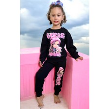 Lolli Boom Kids Kız Çocuk Oyuncak Bebek Fuşya Pembe Siyah Baskılı Sweatshirt Eşofman Alt Üst Takım