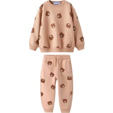 Unisex Çocuk Kahve Tonlu Mini Ayıcık Emoji Baskılı Sweatshirt Eşofman Alt Üst Takım 3 Iplik