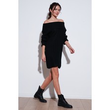 Lela Oversize Fit Kayık Yaka Uzun Kollu Mini Triko Elbise Bayan Elbise 4615218