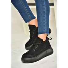 Fox Shoes T811845302 Siyah Süet Kalın Tabanlı Kadın Ayakkabı