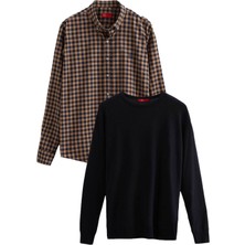 D'S Damat Ds Damat Slim Fit Camel Pamuk Karışımlı 2'li Bisiklet Yaka Triko ve Gömlek 1HC0206EKBN01