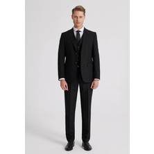 Slim Fit Siyah Mono Yaka Tek Yırtmaçlı Astarlı Takim Elbise Yelekli 4HFY5ORT01599