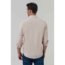 Slim Fit Bej Oxford Düğmeli Yaka Kolay Ütülenebilir Nakış Detaylı Pamuklu Gömlek 4HC02ORT03265