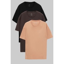 Ds Damat Comfort Siyah/Kahverengi/Bej 3'Lü Bol Kesim %100 Pamuk T-Shirt 6HC14ORTBN036