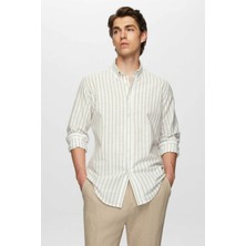 Slim Fit Yeşil Çizgili Düğmeli Yaka %100 Pamuk Flamlı Yazlık Keten Görünümlü Gömlek 0HC02ORT06265
