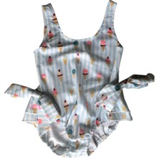 Beyaz Acik Gri Stripes Ince Cizgili Firfirli Dondurma Desenli Kız Çocuk Mayo