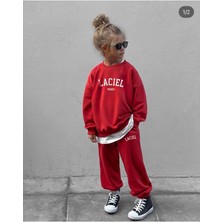 Çocuk Slogan Desenli Pamuklu Sweatshirt Eşofman Tayt Alt-Üst Takım