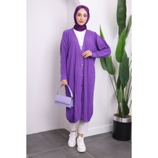 Mor Düğmeli Uzun Triko Merserize Hırka