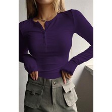 Kadın Mor Düğme Detaylı Patlı Düğmeli Bisiklet Yaka Uzun Kollu Fitilli Kaşkorse Bluz Body
