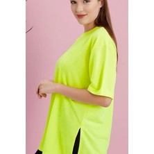 Yırtmaçlı Duble Kol Geniş Bisiklet Yaka Oversize Tişört