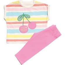 Bebegen Kız Çocuk Pembe Renkli Çizgili Kiraz Nakışlı Taytlı 2'li Takım