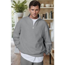 Erkek Gri Balıkçı Yaka 3 Iplik Içi Polarlı Şardonlu Oversize Sweatshirt