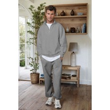Erkek Gri Balıkçı Yaka 3 Iplik Içi Polarlı Şardonlu Oversize Sweatshirt