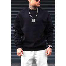 Erkek Siyah Free Life Baskılı Kalın Soft 3 Iplik Içi Şardonlu 0 Sıfır Yaka Oversize Salaş Sweatshirt