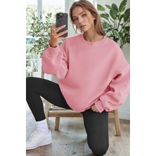 Kadın Pembe Basic 0 Sıfır Yaka Baskısız Düz Oversize Salaş Bol Kesim Polar Sweatshirt