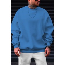 Erkek Mavi Basic 0 Sıfır Yaka Baskısız Düz Oversize Salaş Bol Kesim Polar Sweatshirt