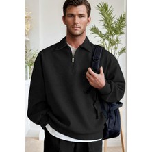 Erkek Siyah Yarım Fermuar Polo Yaka 3 Iplik Içi Polarlı Şardonlu Oversize Sweatshirt