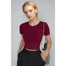Kadın Bordo Bisiklet Yaka Likralı Kısa Kol Body Crop T-Shirt