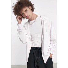 Erkek Beyaz Kapüşonlu Fermuarlı 3 Üç Iplik Polar Kanguru Oversize Sweatshirt Zip Up Hoodie