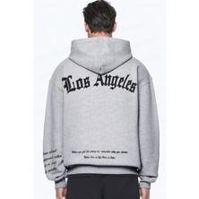 Erkek Gri Los Angeles Baskılı Kapüşonlu 3 Üç Iplik Polar Kanguru Cepli Oversize Sweatshirt Hoodie
