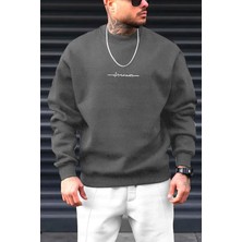 Erkek Füme Dreamer Baskılı 0 Sıfır Yaka Oversize Salaş Bol Kesim Polar Sweatshirt