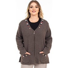 Yeni Sezon Kadın Triko Örgü Sıkı Dokuma Keçe Yün Fermuarlı Nakışlı Anne Kışlık Hırka 8174-VIZON