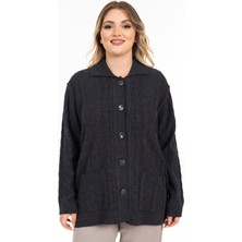 Kadın Orta Yaş ve Üzeri Yumuşak Doku Polo Yaka Düğmeli Anne Triko Hırka 2417-FÜME