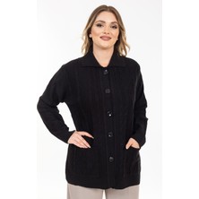 Kadın Orta Yaş ve Üzeri Yumuşak Doku Polo Yaka Düğmeli Anne Triko Hırka 2417-SIYAH