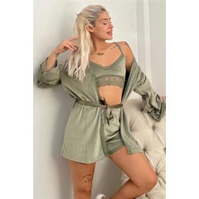 Yeşil Bralet Exclusive Kadife Sabahlıklı Kadın Pijama Takımı 