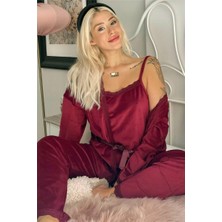 Kadın Pijama Evi Bordo Claret Kadife Sabahlıklı Takım, Konfor ve Şıklık İçin İdeal