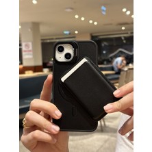Paladyum Case Apple iPhone 14 Uyumlu Premium Siyah Deri Magsafe Cüzdanlı Kartlıklı Kamera Çerçeve Standlı Kılıf