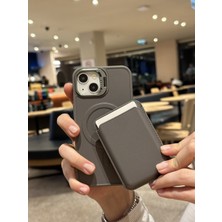 Paladyum Case Apple iPhone 15 Uyumlu Premium Titanyum Gri Deri Magsafe Cüzdanlı Kartlıklı Kamera Çerçeve Standlı Kılıf