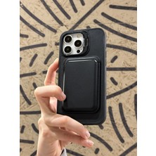 Paladyum Case iPhone 15 Pro Max Uyumlu Premium Siyah Deri Magsafe Cüzdanlı Kartlıklı Kamera Çerçeve Standlı Kılıf