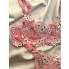 Mishka Homewears Çiçek Detaylı Pembe Bralet Balenli Sütyen Takım