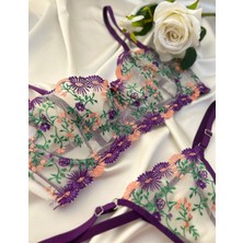 Mishka Homewears Çiçek Detaylı Mor Balenli Bralet Sütyen Takım