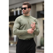 Haki Bisiklet Yaka Çizgili Uzun Kollu  Kazak E7273