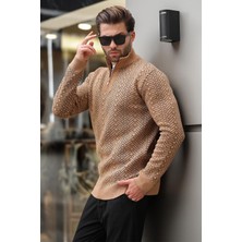 Camel Fermuar Yaka Uzun Kollu Desenli Örme Kazak E7287