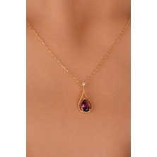 Jewelmim Ametist Mor Renkli Taşlı 18 Ayar Sarı Altın Kaplama Mor Gümüş Damla Kolye 925 Ayar Gümüş Kadın Kolye | Bayan Zirkon Mor Taşlı Su Damlası Altın Kaplama Damla Gold Kadın Gümüş Kolye
