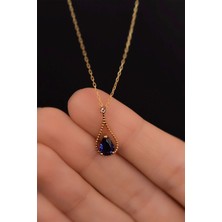 Jewelmim Safir Mavi Renkli Taşlı 18 Ayar Sarı Altın Kaplama Mavi Gümüş Damla Kolye 925 Ayar Gümüş Kadın Kolye | Bayan Zirkon Mavi Taşlı Su Damlası Altın Kaplama Damla Gold Kadın Gümüş Kolye