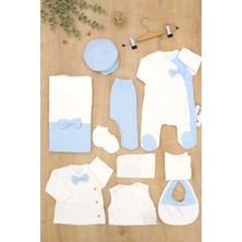 Sitilin Erkek Bebek Beyaz Mavi Natıral Pamuk Kumaş Lüks 10 Lu Hastane Çıkışı Set Stl6788