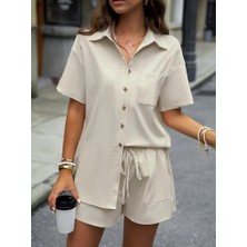 Kadın Kısa Kollu Cepli Aerobin Kumaş Gömlek Şort Ikili Takım