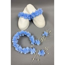 Bebe Mavi Lazer Çiçekli Incili Taç ve Lohusa Terlik Seti