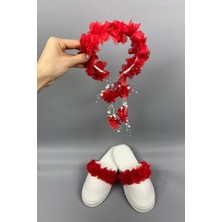 Kırmızı Lazer Çiçekli Incili Taç ve Lohusa Terlik Seti