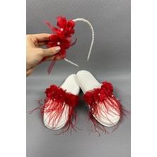 Kırmızı Lazer Çiçekli Incili Taç ve Tüylü Lohusa Terlik Seti