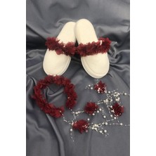 Bordo Çiçekli Lohusa Terligi ve Incili Taç