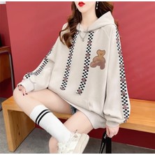 Amor Face Büyük Beden Özel Tasarım Kapüşonlu 4 Şerit Ayıcık Baskılı Süper Oversize Battal Şık Kadın Swaetshırt