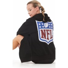 Lonca Siyah Kanguru Cep Nfl Baskılı Fermuarlı Sweatshirt