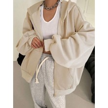 Amor Face Büyük Beden Özel Tasarım Kapüşonlu Tam Fermuarlı Süper Oversize Battal Kadın Ceket-Sweatshırt