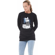 Kedi Baskılı Sıfır Yaka Siyah Kadın Sweatshirt