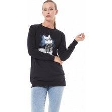 Kedi Baskılı Sıfır Yaka Siyah Kadın Sweatshirt